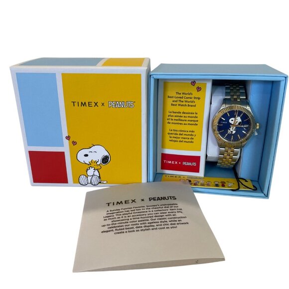 NWT Timex Snoopy Gold and Silver Metal Peanuts Watch, Navy Background, OS - Picture 1 of 5